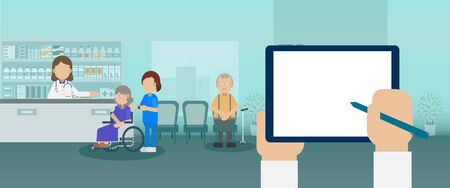 Elder care concept with medical staffs take care of elder patient and blank screen tablet flat design vector illustrationのイラスト素材