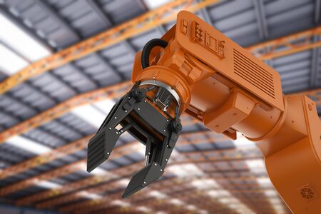 3d rendering orange robotic arm in factory