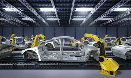 Automation aumobile factory concept with 3d rendering robot assembly line in car factory