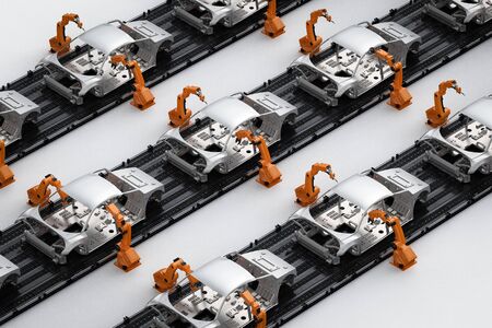 Automation aumobile factory concept with 3d rendering robot assembly line in car factory