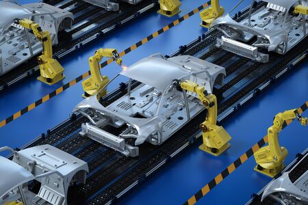 Automation aumobile factory concept with 3d rendering robot assembly line in car factoryの写真素材