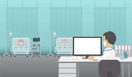 Medical service concept with blank screen monitor and critical patients flat design vector illustrationのイラスト素材