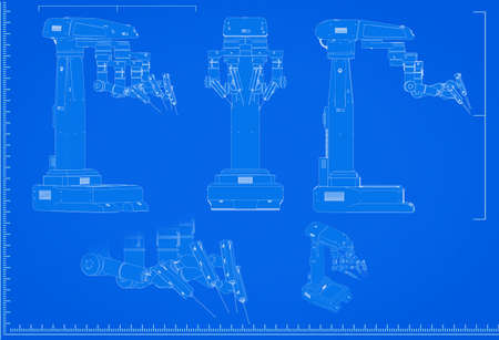 3d rendering robot surgery blueprint with scale on blue background