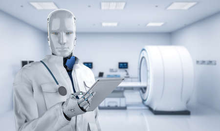 Medical technology concept with 3d rendering doctor robot with mri scan machineの写真素材
