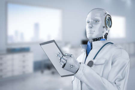 Medical technology concept with 3d rendering doctor robot diagnose in hospitalの写真素材