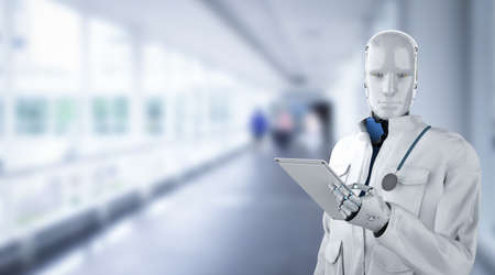 Medical technology concept with 3d rendering doctor robot diagnose in hospitalの写真素材