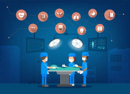 Surgeon team in surgery room with medical icons flat design vector illustrationのイラスト素材