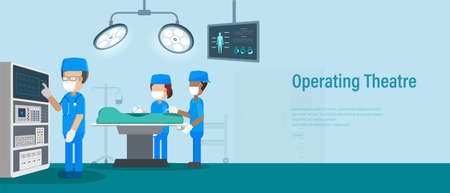 Operating theatre banner with surgeon team in surgery room flat design vector illustrationのイラスト素材