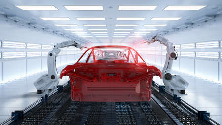 Automation aumobile factory concept with 3d rendering robot assembly line in car factory
