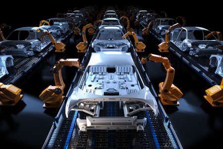Automation aumobile factory concept with 3d rendering robot assembly line in car factory