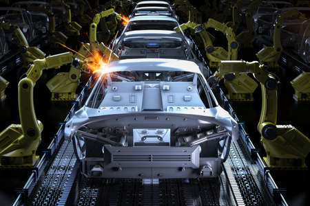 Automation aumobile factory concept with 3d rendering robot assembly line in car factoryの写真素材