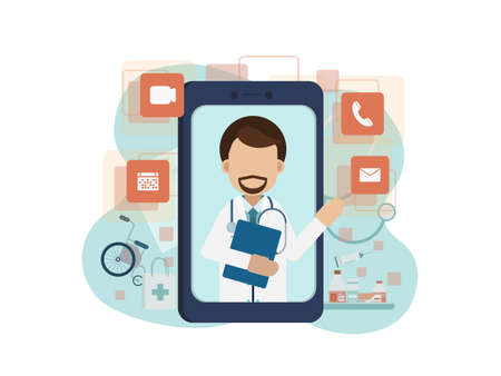 Online doctor service with doctor on mobile phone flat design vector illustrationのイラスト素材