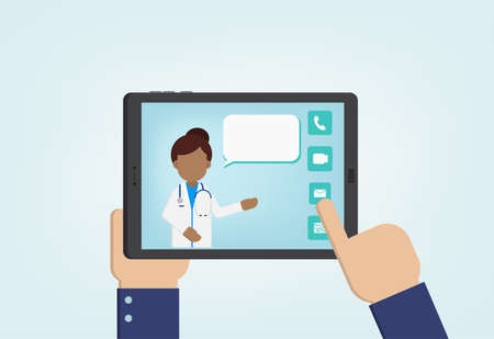 Online doctor service with doctor on digital tablet flat design vector illustrationのイラスト素材