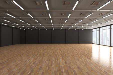 3d rendering empty room with black wall and wooden floor