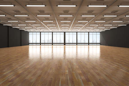 3d rendering empty room with black wall and wooden floorの写真素材