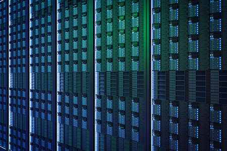3d rendering blue server tower close up background