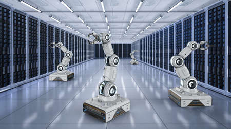 Automation server room with 3d rendering group of robot arms work in server room