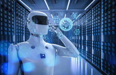 Cloud computing technology concept with 3d rendering cyborg with graphic displayの写真素材