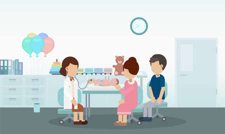 Pediatrics clinic with pediatrician and newborn baby flat design vector illustrationのイラスト素材