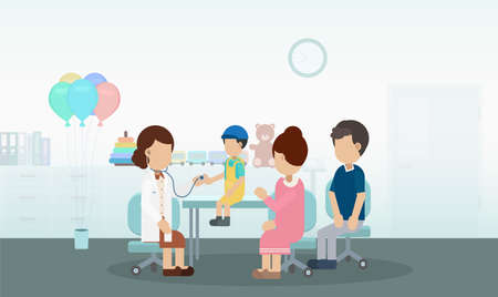 Pediatrics clinic with pediatrician and child patient flat design vector illustrationのイラスト素材