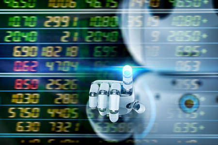 Financial technology concept with 3d rendering cute robot analyze stock market