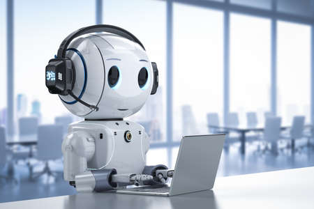 Automation customer service concept with 3d rendering cute robot working with headset and notebookの写真素材