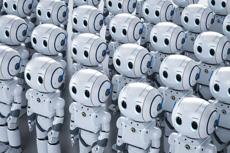 3d rendering group of cute artificial intelligence robots or robot army with cartoon characterの写真素材