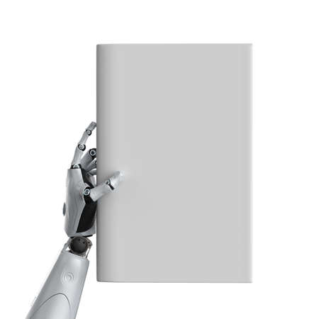 3d rendering cyborg hold blank pages book isolated on whiteの写真素材