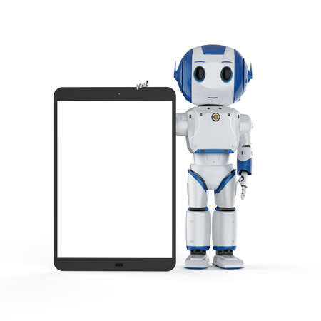 3d rendering cute artificial intelligence robot with blank screen tablet