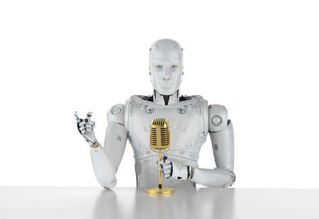 3d rendering robotic public speaker speaking with microphoneの写真素材