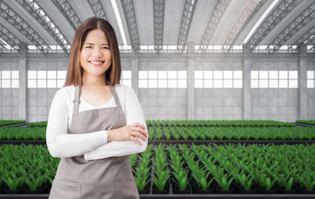 Happy female gardener in green house or glasshouse full of plantsの写真素材