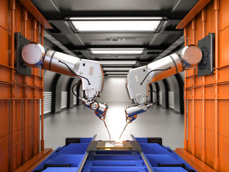 Automation industry concept with 3d rendering robot assembly line inÂ Â factory