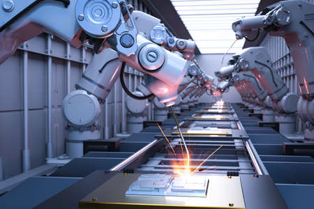 Automation industry concept with 3d rendering robot assembly line inÂ Â factory