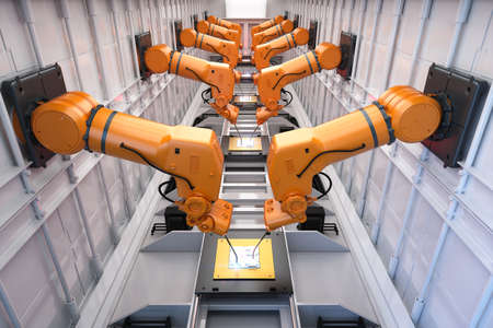 Automation industry concept with 3d rendering robot assembly line inÂ Â factory