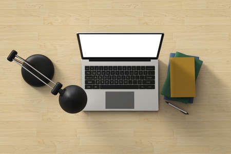 3d rendering blank screen computer notebook with stack of books