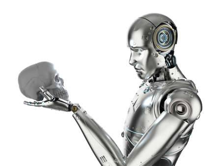 3d rendering cyborg starring at human skullの写真素材