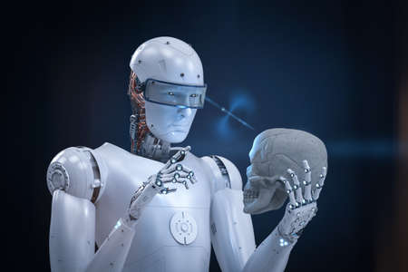 3d rendering cyborg starring at human skullの写真素材