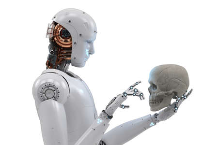 3d rendering cyborg starring at human skullの写真素材