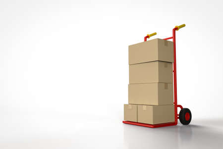 3d rendering hand truck with parcel boxes on white backgroundの写真素材