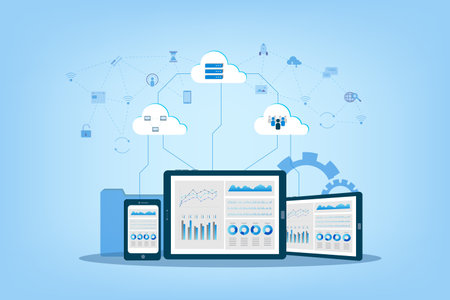 Cloud computing technology with icons on digital device vector illustration
