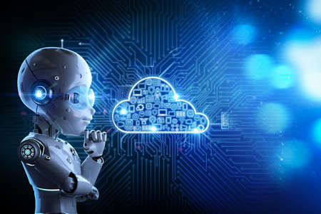 Cloud computing technology concept with 3d rendering cute robot and graphic display