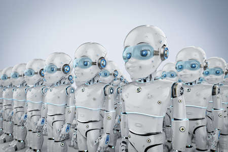 3d rendering group of cute robots with cartoon character