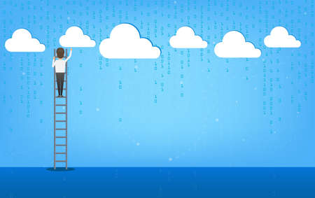 Cloud computing technology with man climb up to cloud flat design vector illustration
