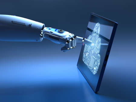 3d rendering robot working with hud or graphic display on digital tablet for cloud computing technologyの写真素材