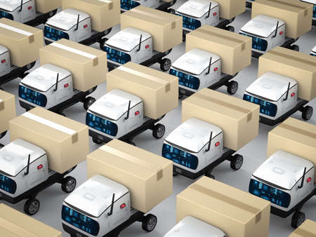 Automation warehouse concept with 3d rendering delivery robots carry boxesの写真素材