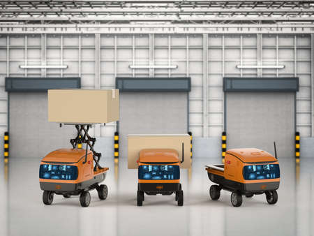 Automation warehouse concept with 3d rendering delivery robots carry boxesの写真素材