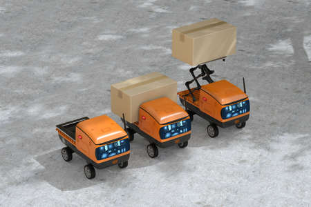 Automation warehouse concept with 3d rendering delivery robots carry boxesの写真素材