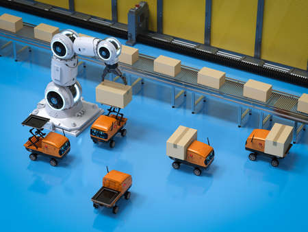 Automation warehouse concept with 3d rendering delivery robots carry boxesの写真素材
