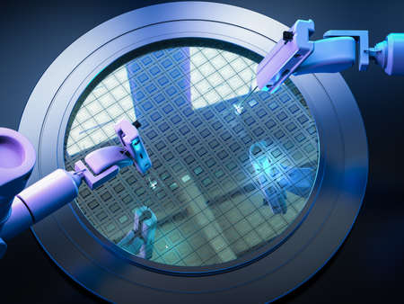 3d rendering robotic arms with silicon wafers for semiconductor manufacturingの写真素材