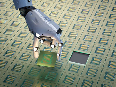 3d rendering robotic arm with chipset for semiconductor manufacturingの写真素材